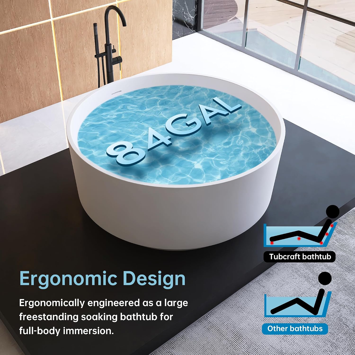 49' Freestanding Bathtub, Modern Soaking Stand Alone Tub Solid Surface Resin Stone Bathtub with Pop Up Drain and Overflow, Matte White 311MW1250