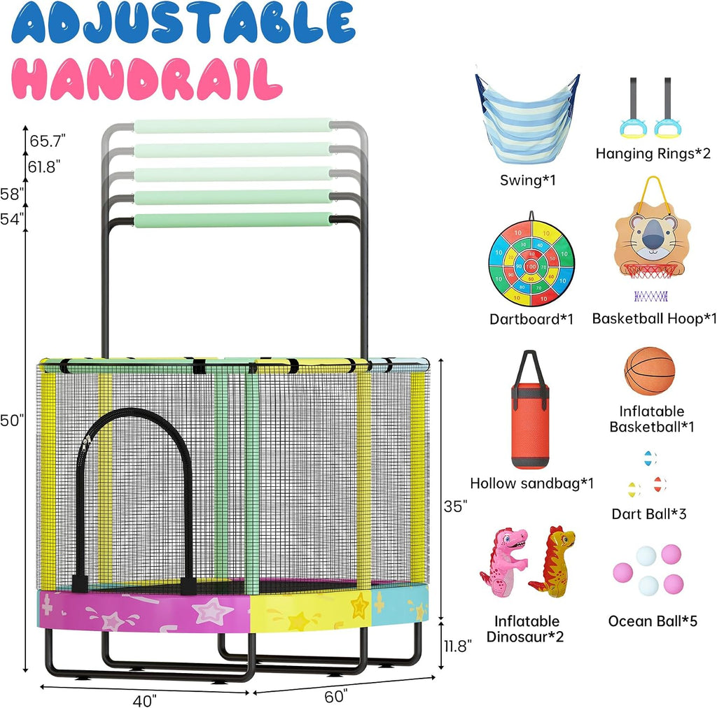 Lamerge Kids Trampoline, Indoor Trampoline Approved by ASTM, Safety Enclosure Net and Adjustable Handrail, 1-8 Children, 500lbs Capacity, 7-in-1, 60'