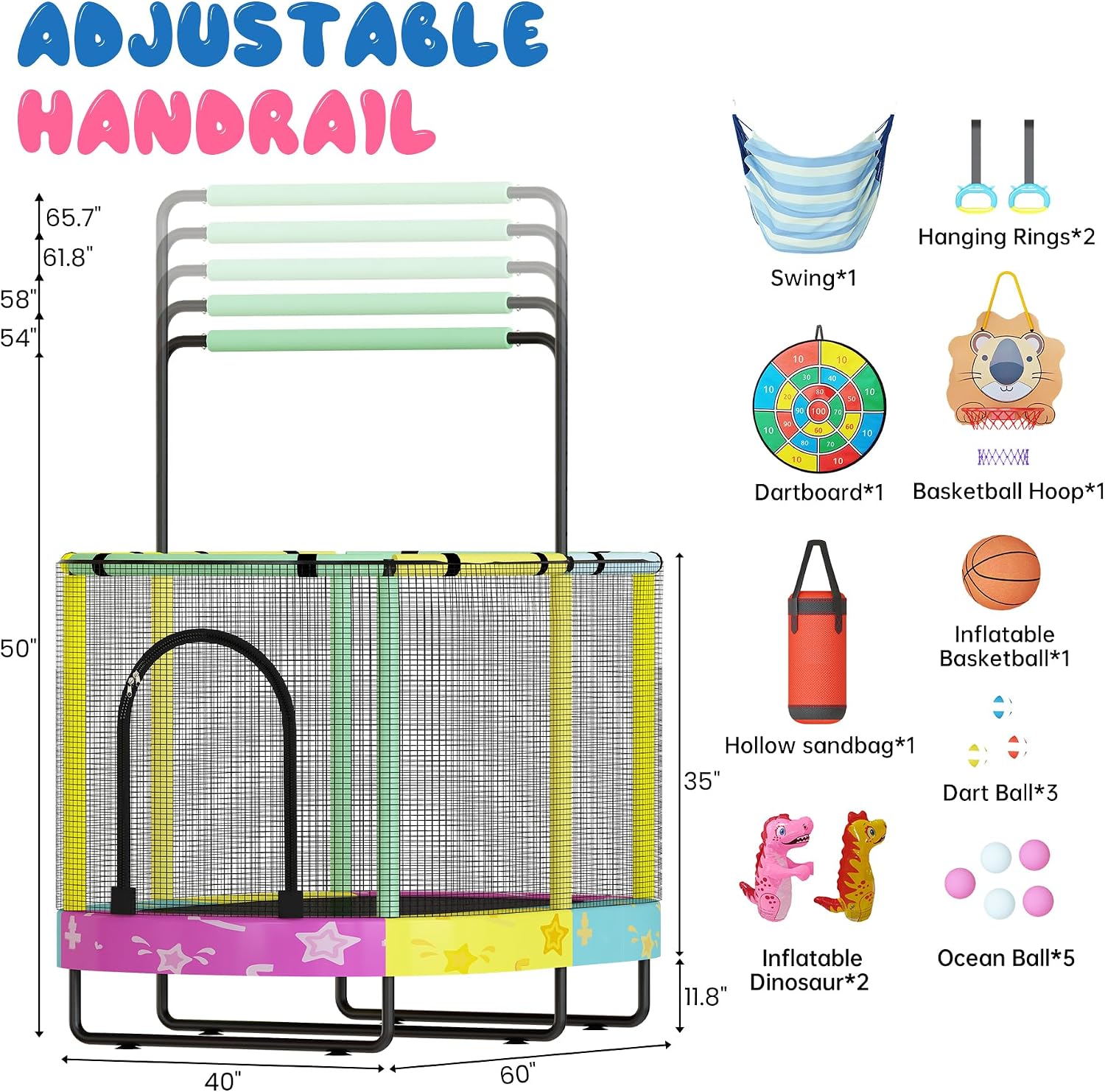 Lamerge Kids Trampoline, Indoor Trampoline Approved by ASTM, Safety Enclosure Net and Adjustable Handrail, 1-8 Children, 500lbs Capacity, 7-in-1, 60'