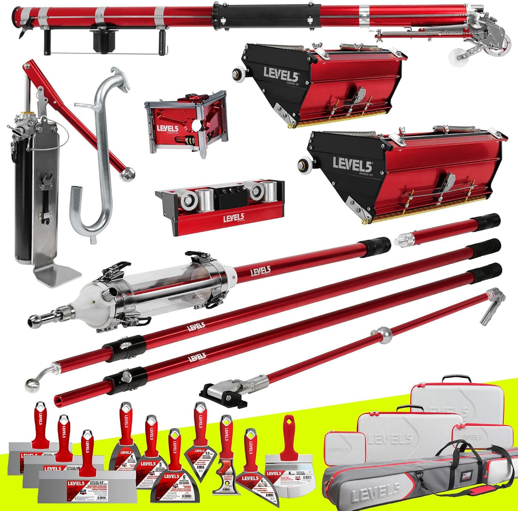 Full Taping & Finishing Set - LEVEL5 | Pro-Grade | 10/12' Mega Flat Boxes,MiniShot, 42' Box Handle, Compound Pump + Filler | Sheetrock Gyprock Wall Board | 4-666