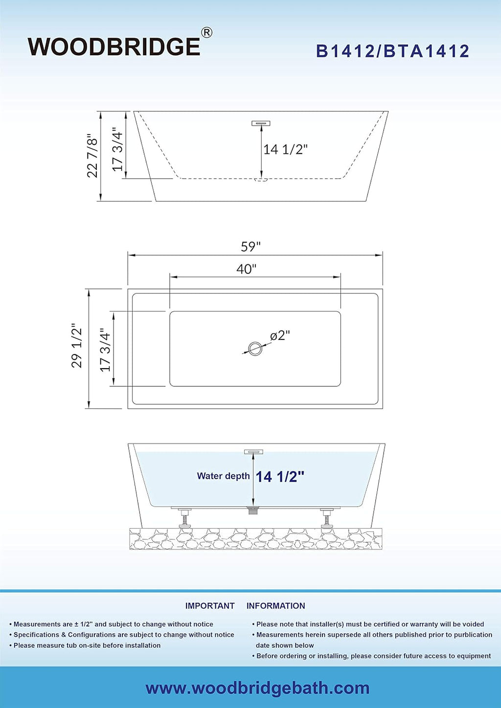 WOODBRIDGE 59' Acrylic Freestanding Bathtub Contemporary Soaking White Tub with Matte Black Overflow and Drain，BTA1412-MB-Drain&O