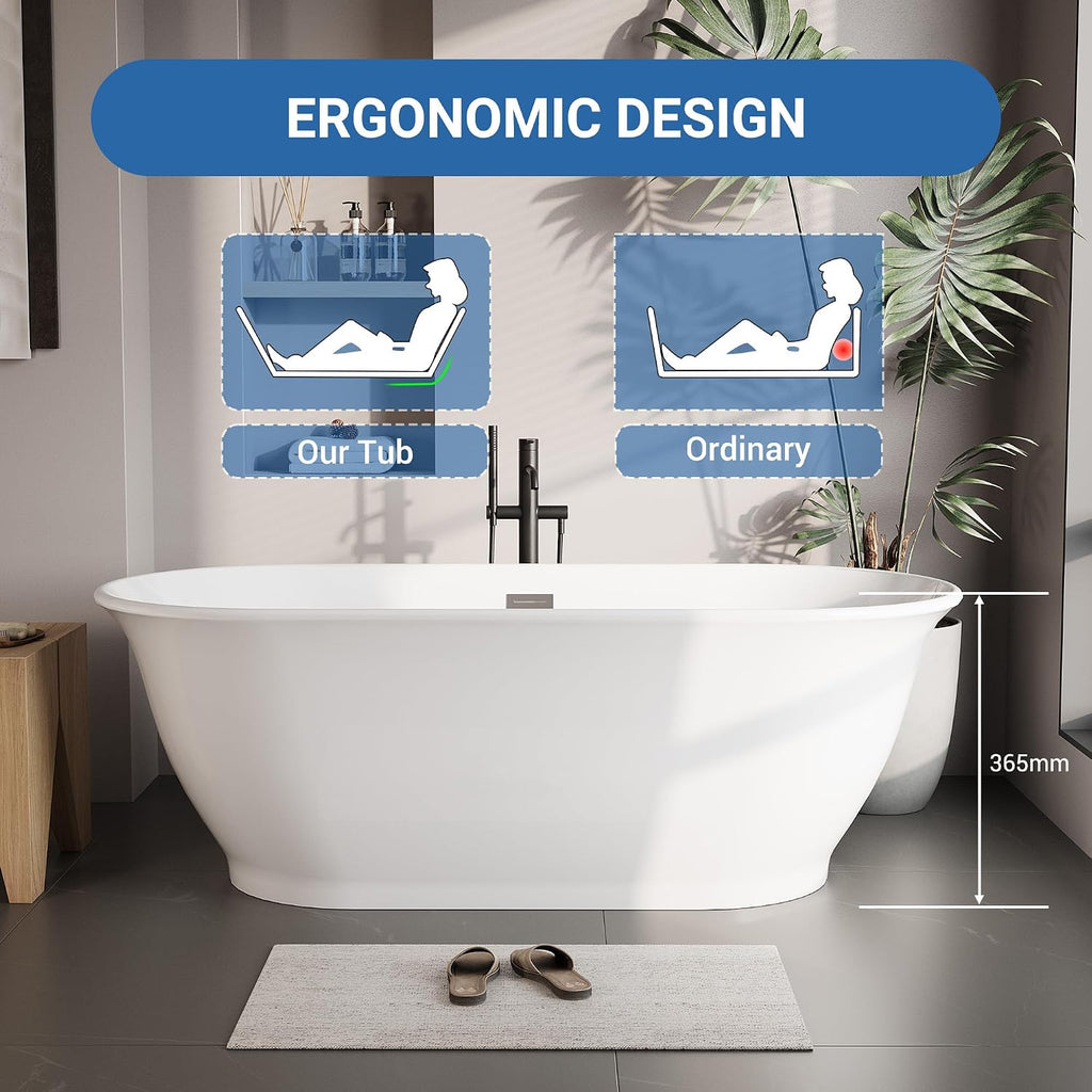 59 Inch Free Standing Tub, Modern Luxury Oval Soaking Tub, Acrylic Stand Alone Bathtub with Chrome Drain, White Finish for Contemporary Bathrooms