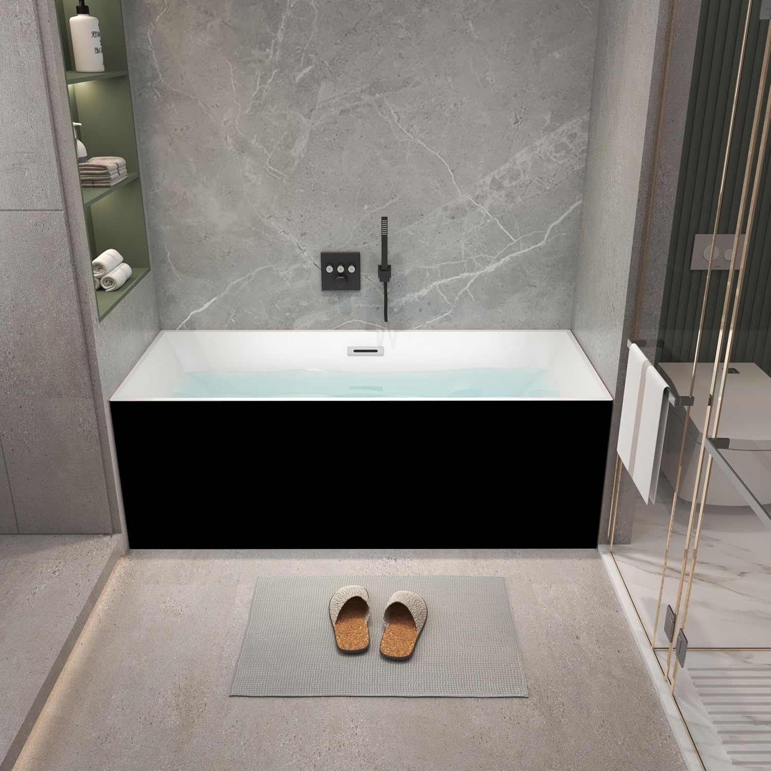 59 inch Black Freestanding Square Soaking Bathtub, Modern Stand Alone Free Standing Acrylic Tub with Center Chrome Drain & Overflow
