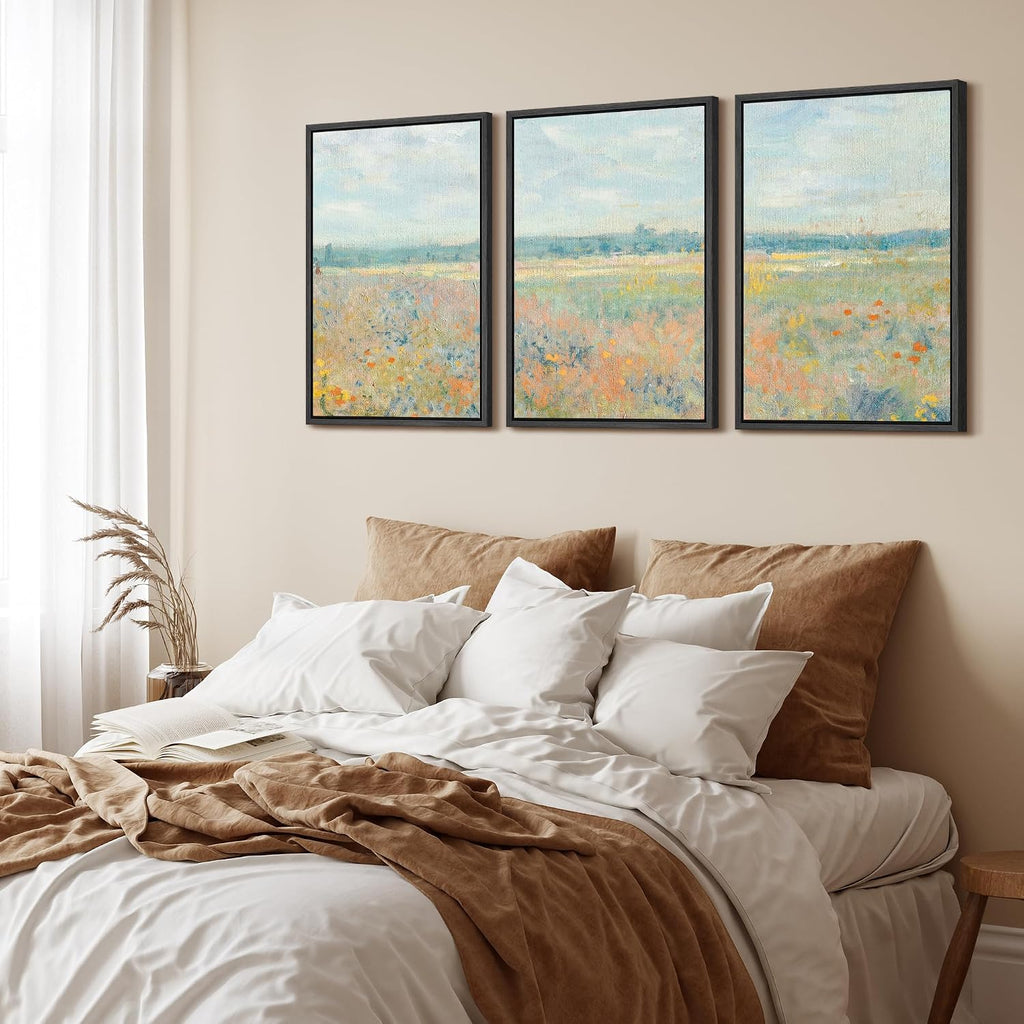 wall26 Framed Canvas Print Wall Art Set Wildflower Field Panorama Impressionist Landscape Illustrations Modern Art Decorative Floral Botanical Minimal for Bedroom - 24'x36'x3 Black