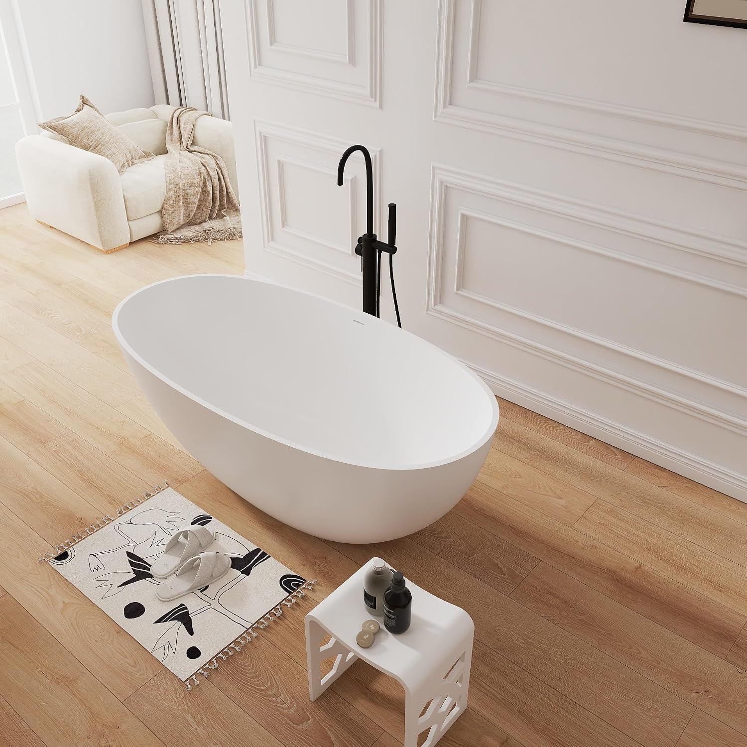 61' Premium Solid Surface Freestanding Soaking Bathtub,Oval Shape Stone Resin Tubs with Overflow and Pop-up Drain, Matte White