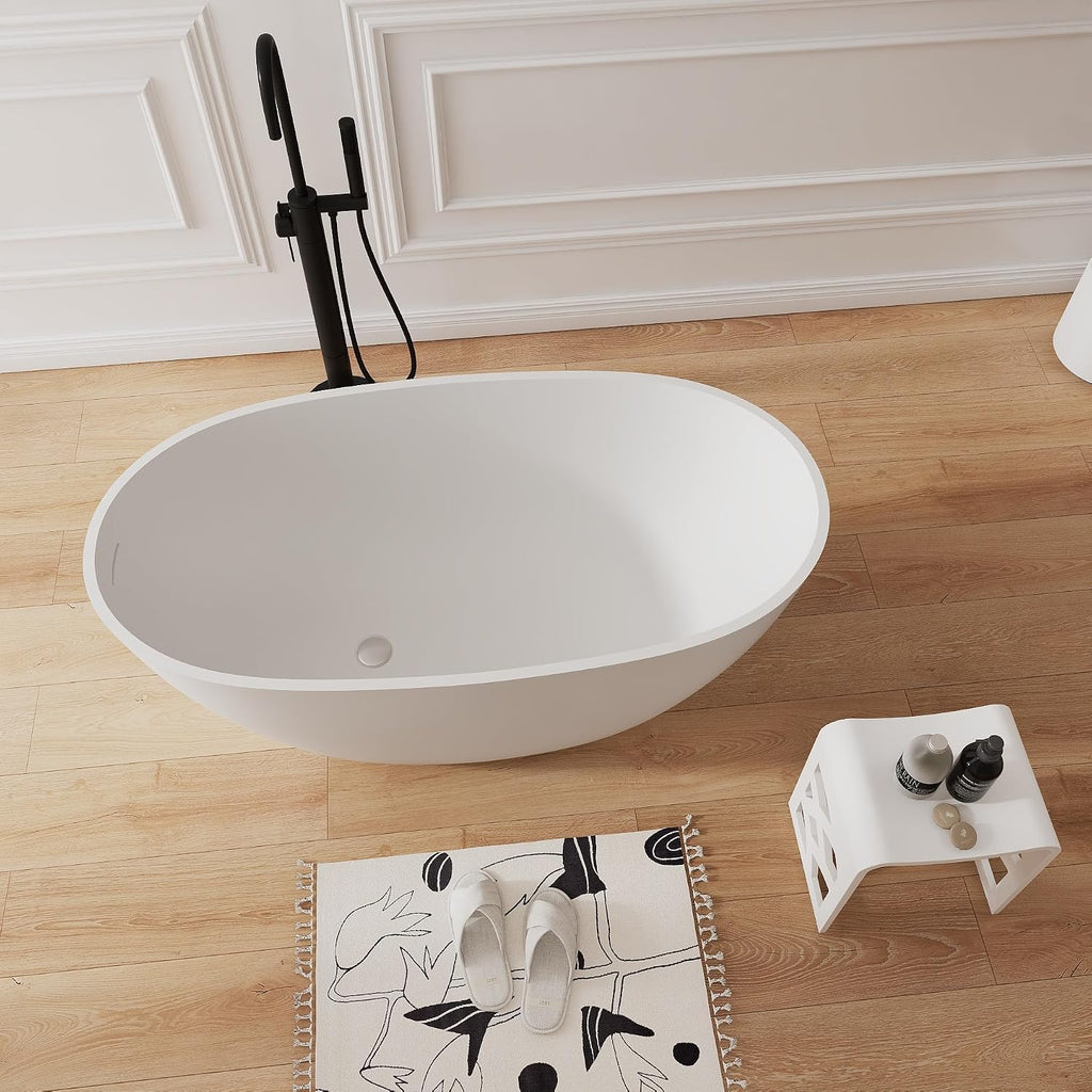 51' Modern Solid Surface Freestanding Bathtub,Oval Shape Stone Resin Soaking Tubs with Pop-up Drain and Overflow, Matte White