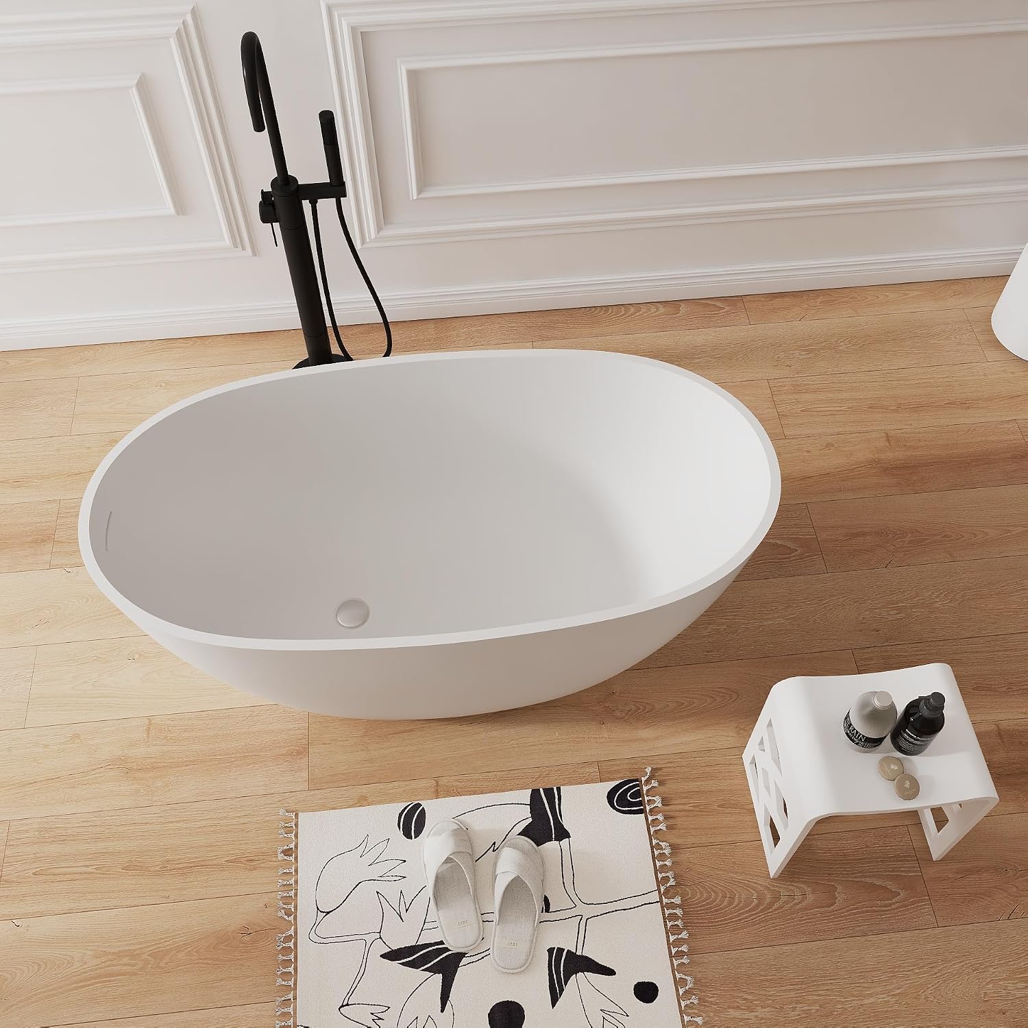 51' Modern Solid Surface Freestanding Bathtub,Oval Shape Stone Resin Soaking Tubs with Pop-up Drain and Overflow, Matte White