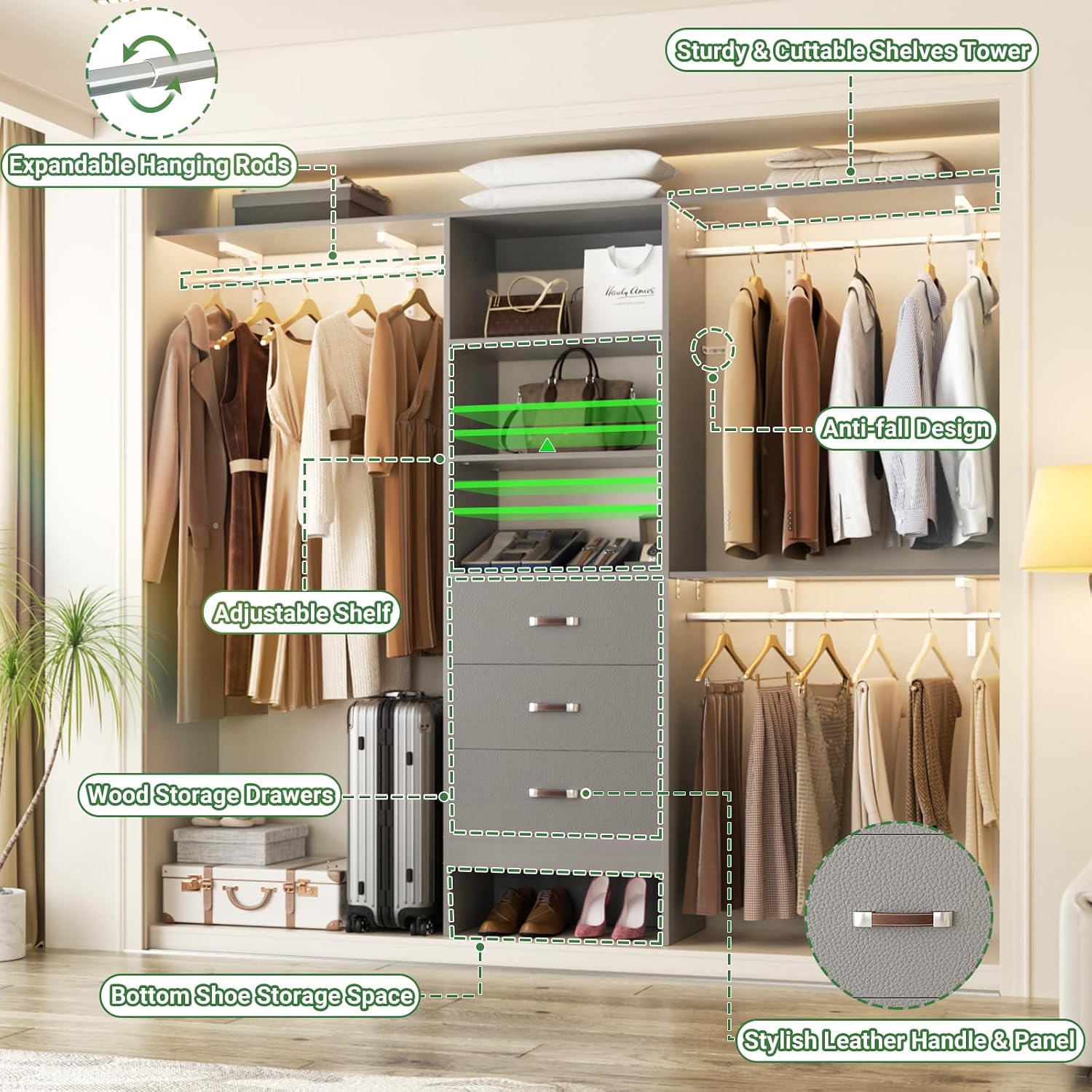 Closet System with 3 Drawers - 8FT Wood Closet Organizer with 3 Shelving Tower & Hanging Rods, 96' Walk-in Wardrobe Closet Organizer System for 4-8FT Spaces, Heavy Duty Garment Clothes Rack, Grey