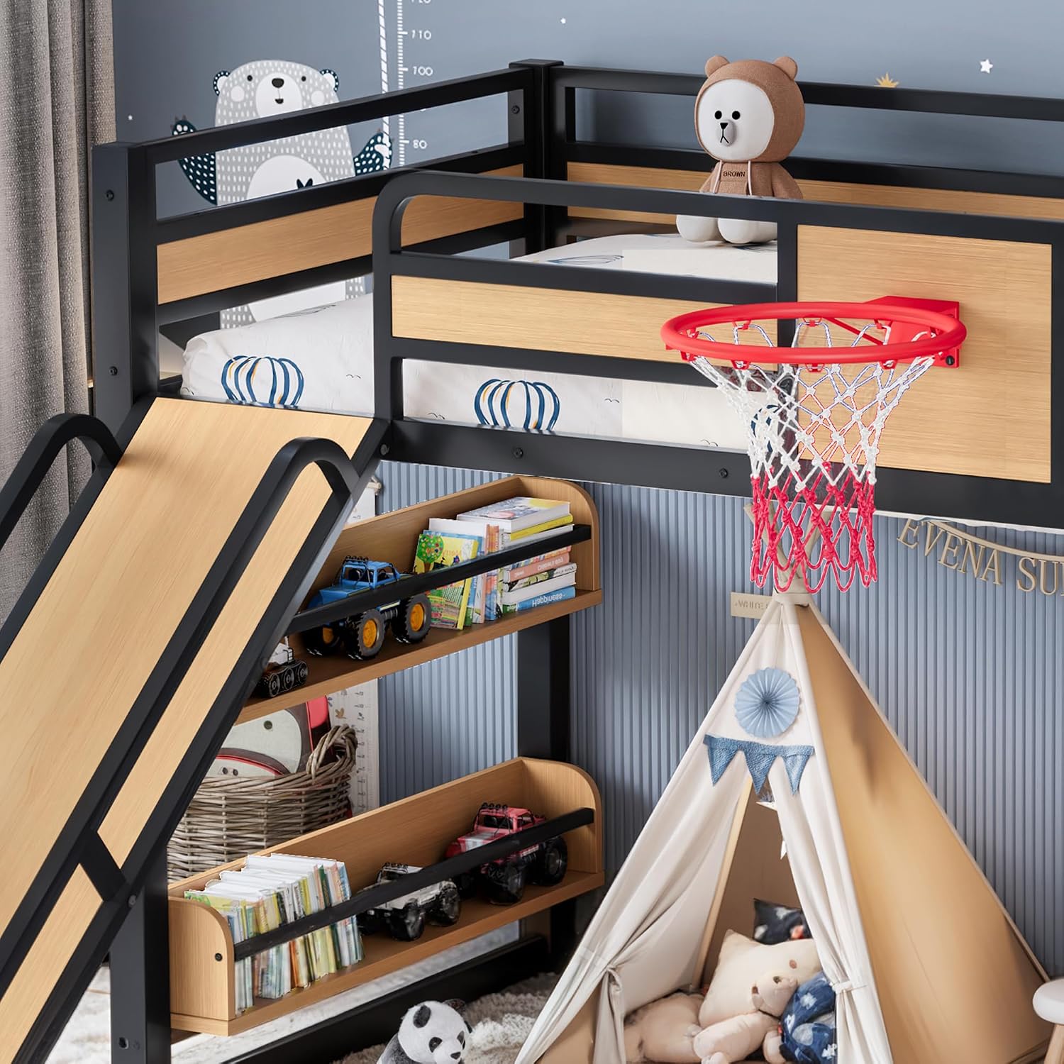 Bellemave Metal Twin XL Over Twin XL Bunk Bed Frame with Slide,Floor Bunk Bed and Basketball Hoop,Pull-up Rings and Climbing Wall,Heavy Duty Bunk Beds with Bookshelves for Kids Girls Boys,Natural