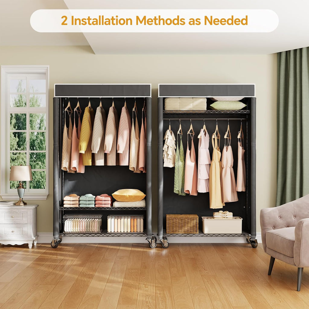Higeego H4 Clothing Rack with Cover, Rolling Heavy Duty Clothes Rack, Garment Rack on Wheels, Portable Closet for Hanging Clothes, Black Clost Rack with Black Fabric Cover, Max Load 380LBS