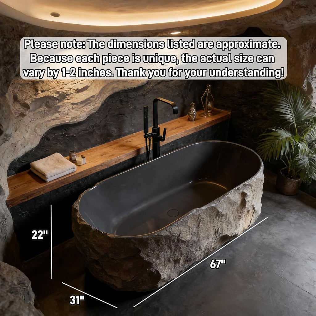 67' Edeyeu Freestanding Bathtub - Solid Surface Soaking Tub, Designer Free Standing Tub with Unique Stone Texture, Deep Soaker Bathtub for Luxury Spa & Home, Black