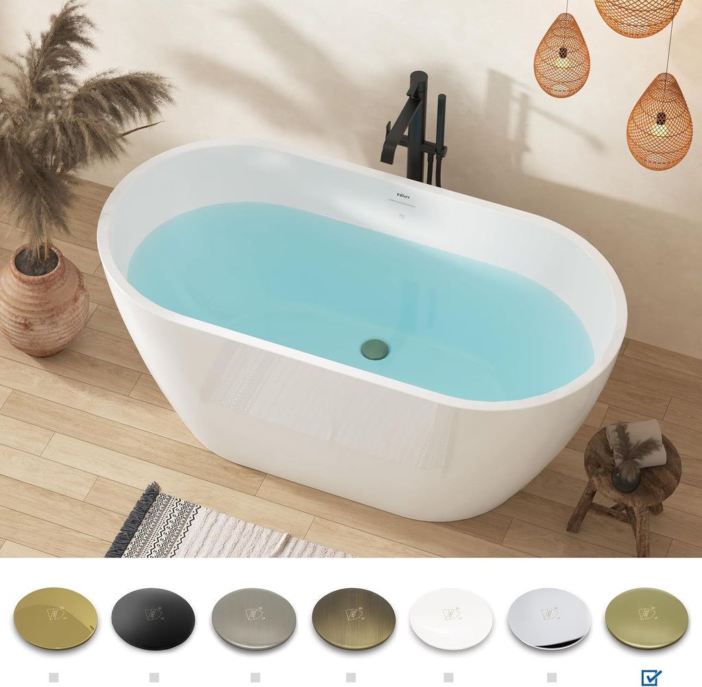 FerdY 55' Acrylic Freestanding Bathtub, Contemporary Soaking tub with Brushed Gold Drain, Elegant Oval Shape, cUPC Certified, Bali