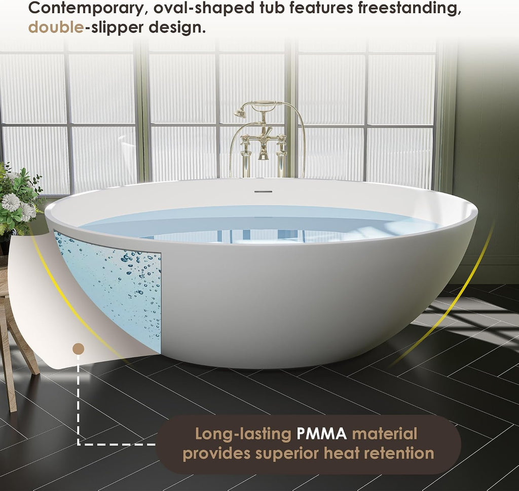 Cacciar 67' Solid Surface Freestanding Oval Soaking Bathtub in Matte White