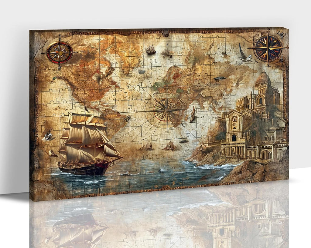 Vintage World Map Wall Art, Nautical World Map Backdrop Canvas Print, Travel Map Art Framed Artwork for Office Decor, Old Treasure Map Poster Painting Picture for Living Room Wall Decor 32x48 Inches