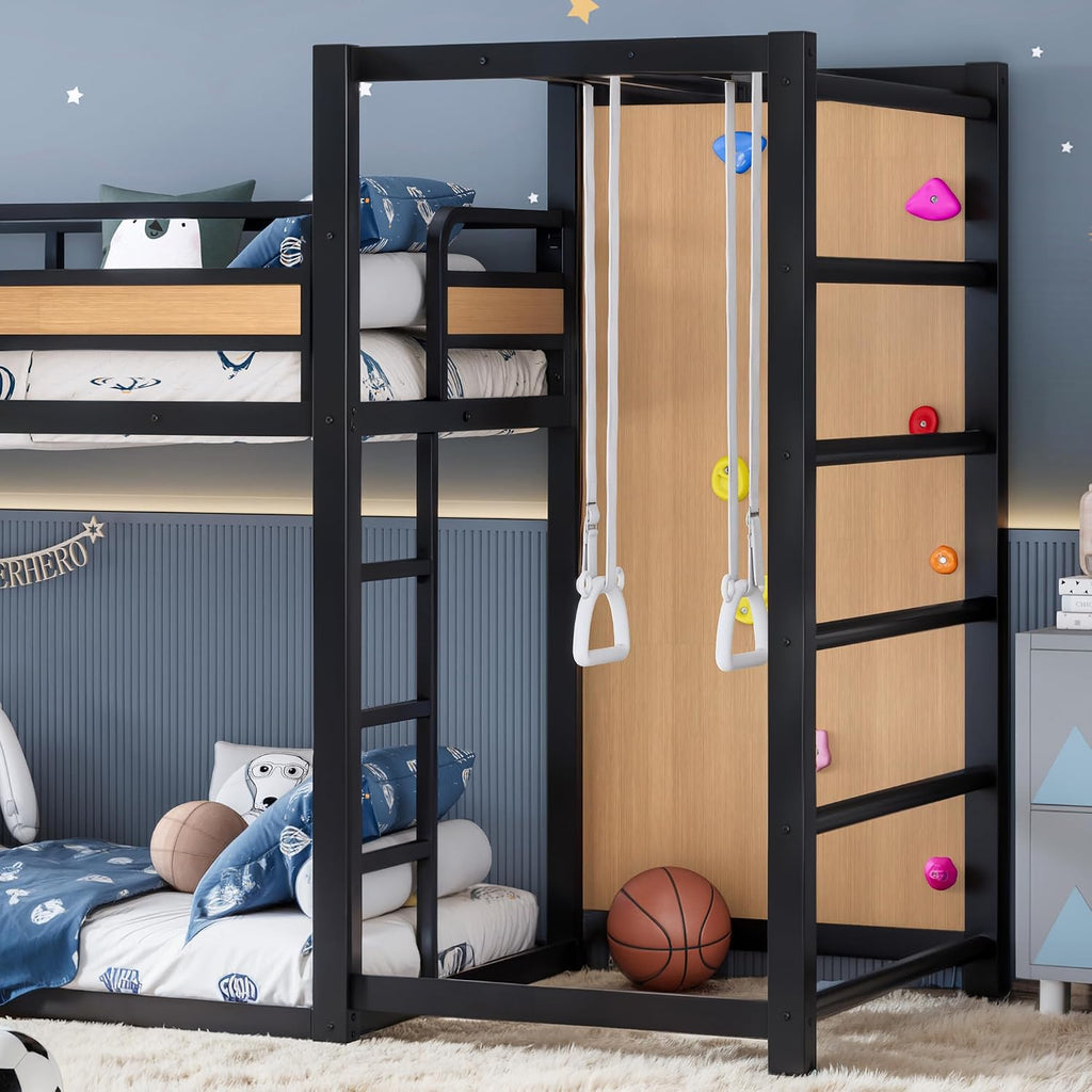Bellemave Metal Twin XL Over Twin XL Bunk Bed Frame with Slide,Floor Bunk Bed and Basketball Hoop,Pull-up Rings and Climbing Wall,Heavy Duty Bunk Beds with Bookshelves for Kids Girls Boys,Natural
