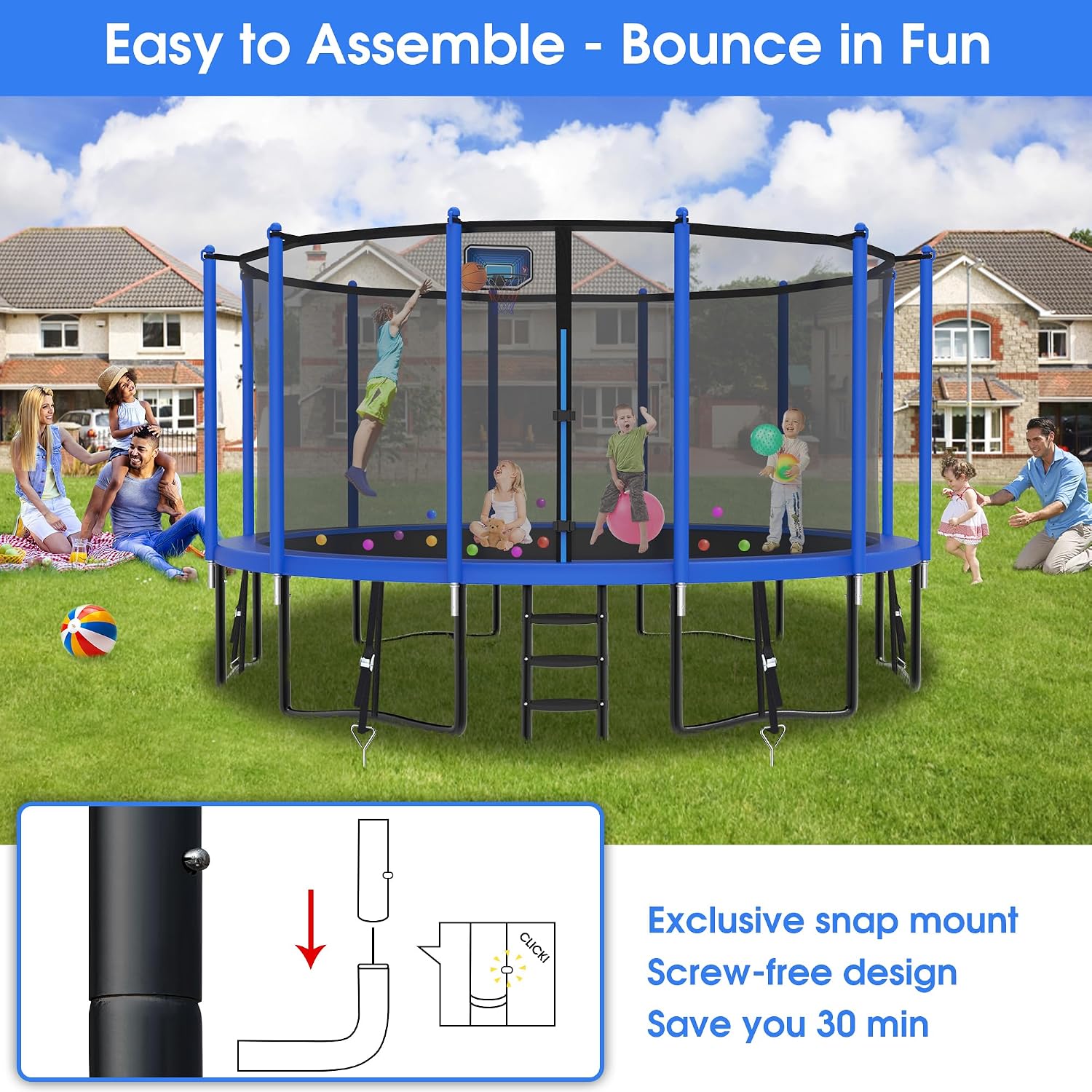 Exal Trampoline Outdoor with Basketball Hoop and Enclosure Net, 1500LBS Backyard Heavy Duty Trampoline ASTM CPC Certified Kids Trampoline, Light, Sprinkler, Socks, No-Gap Pad, Wind Stakes Included