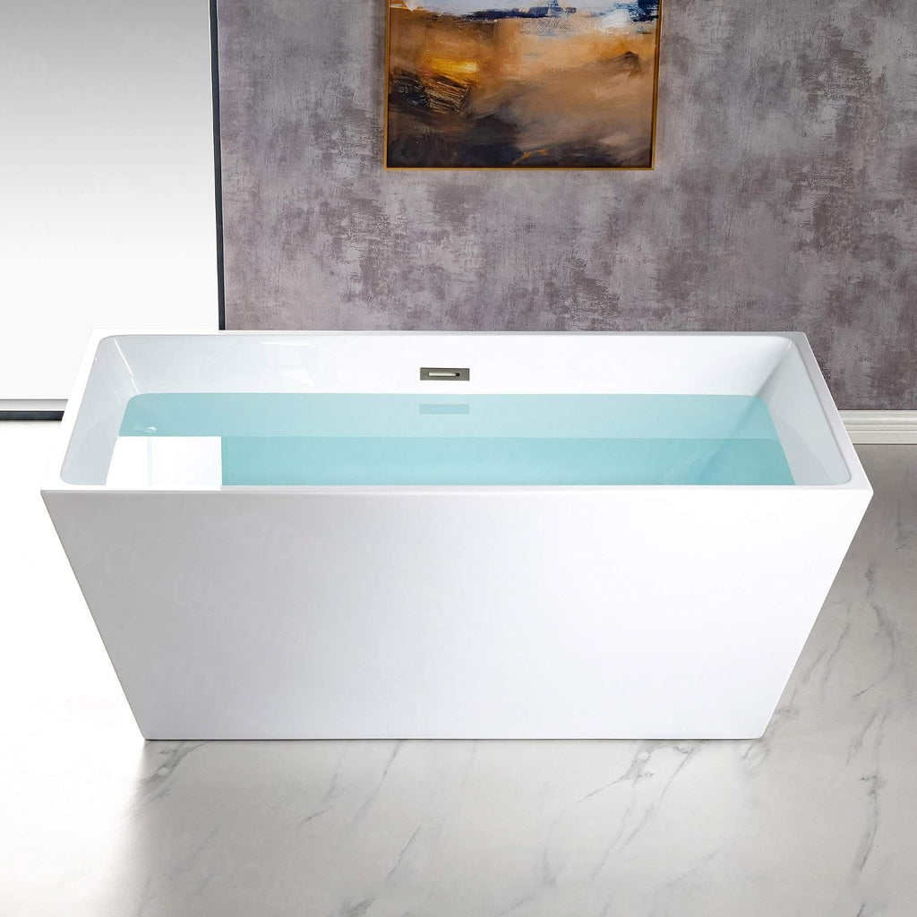 WOODBRIDGE 59' Acrylic Freestanding Bathtub Contemporary Soaking White Tub with Brushed Nickel Overflow and Drain，BTA1412-B/N-Drain&O
