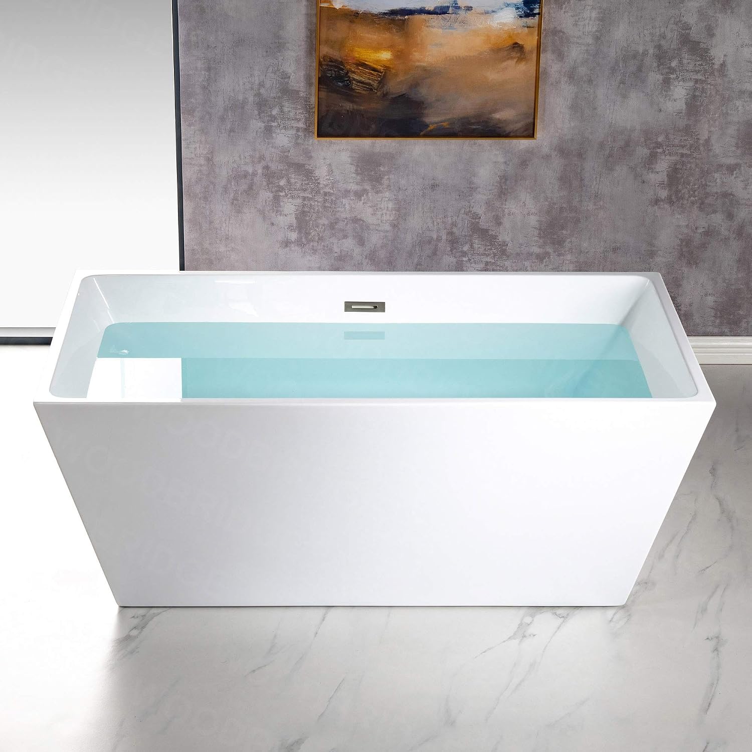 WOODBRIDGE 59' Acrylic Freestanding Bathtub Contemporary Soaking White Tub with Brushed Nickel Overflow and Drain，BTA1412-B/N-Drain&O