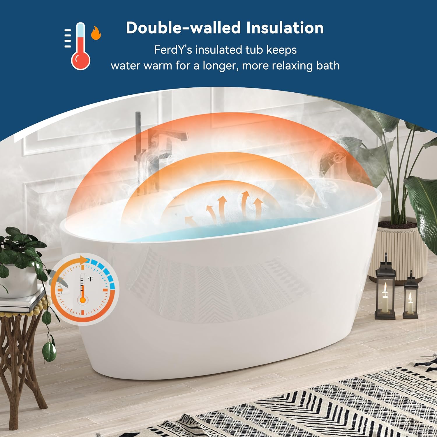 FerdY 59' Acrylic Freestanding Bathtub, Contemporary Soaking tub with Brushed Gold Drain, Elegant Oval Shape, cUPC Certified, Tahiti