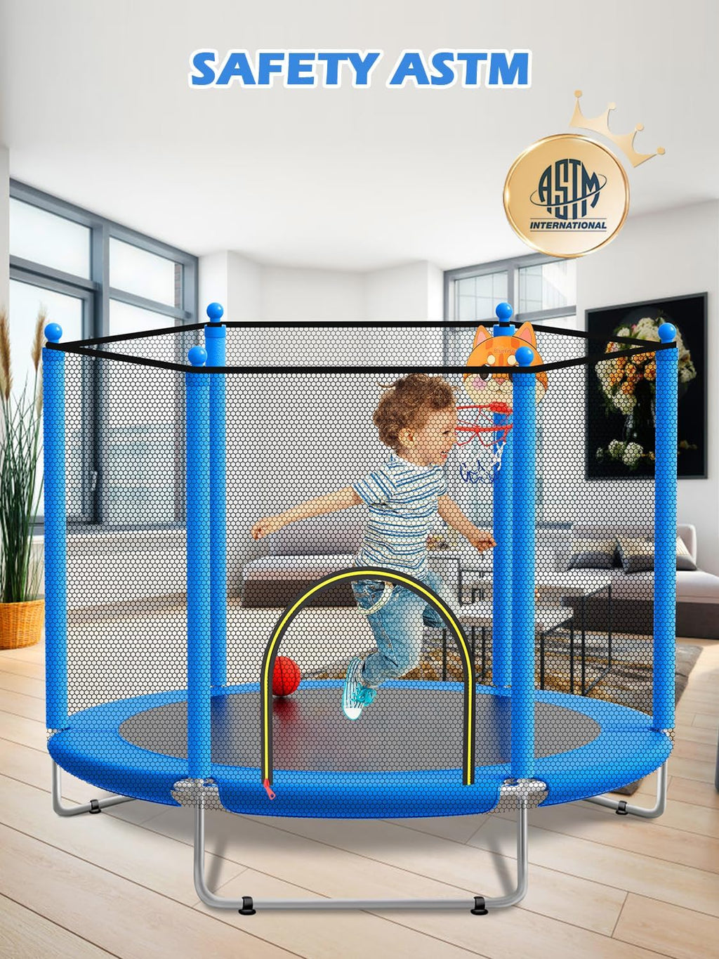 BLUERISE 60' Trampoline for Kids 5FT Toddler Trampolines Indoor/Outdoor with Adjustable Gymnastics Bar & Safety Net, No-Gap Design, Anti-Rollover Bottom, Basketball Hoop, Gifts for Boys & Girls