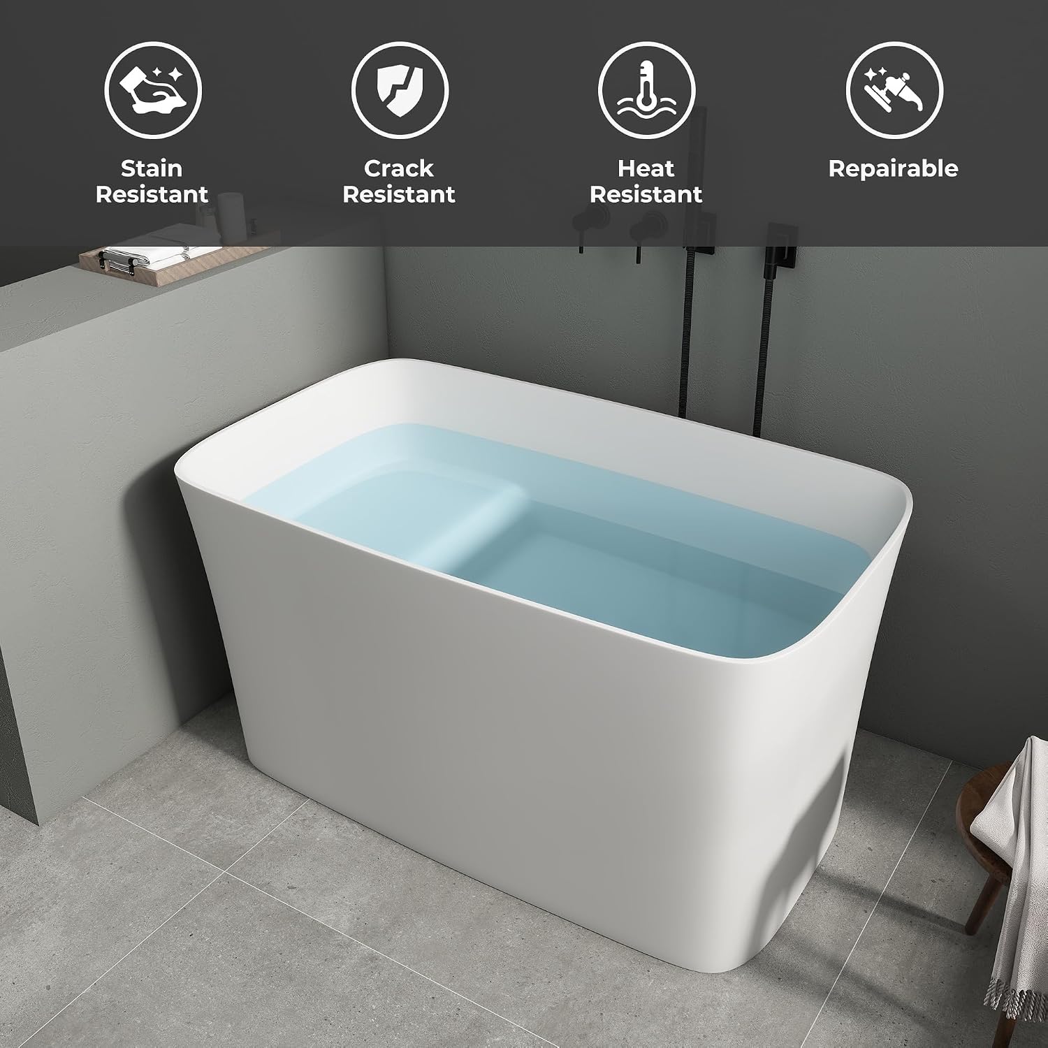SJ Star&Jane 47' Solid Surface Freestanding Bathtub Japanese Soaking Tub Stone Resin Stand Alone Bathtub Sit-In Design with Overflow and Drain