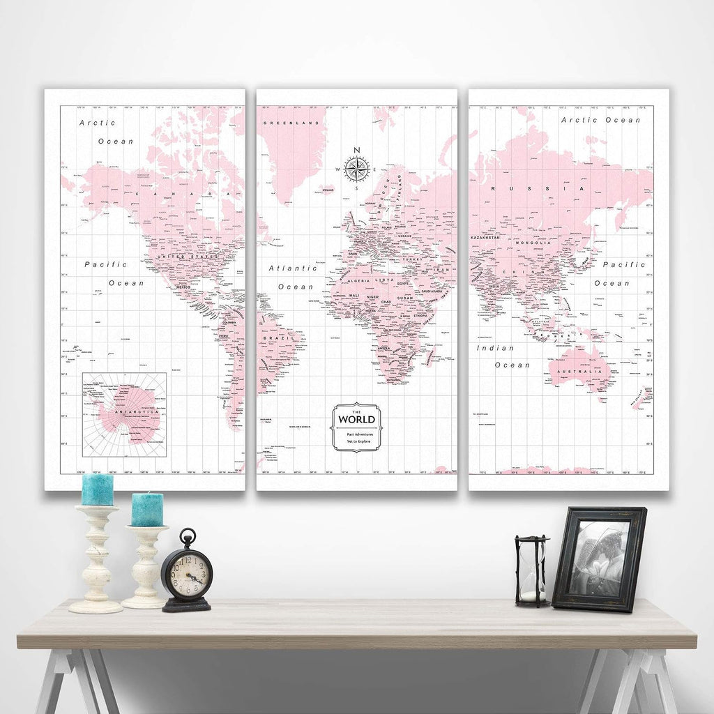 Push Pin World Map Board - With Push Pins to Mark World Travel - Handmade in Ohio, USA - Design: Pink Color Splash