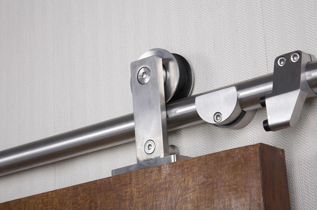 Miseno MBDH0606X78 78-3/4' Single Roller Round Rod Barn Door Hardware Kit - Stainless Steel