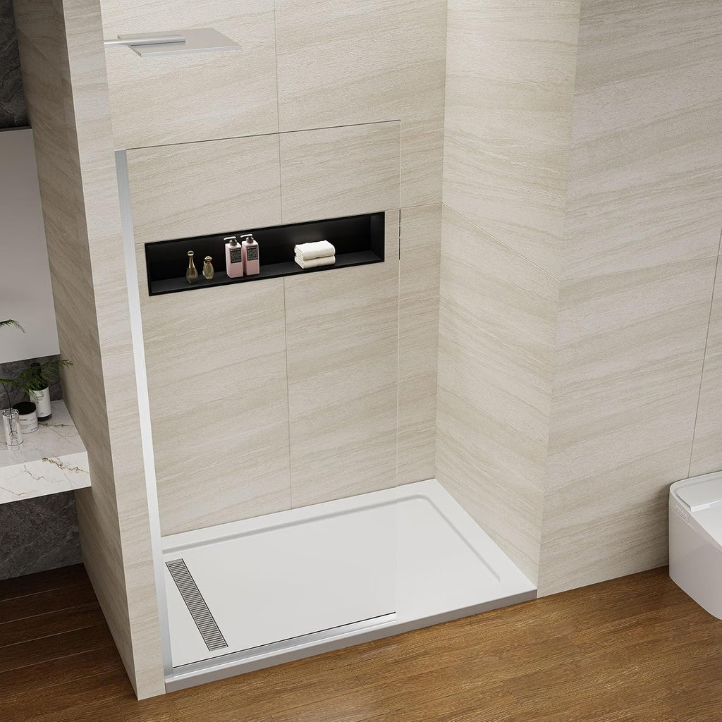 Shower Screen 36' x 76' Half Frameless Shower Wall Panel, Tempered Glass 3/8 inch, Easy to clean Coating, Fixed Glass Shower Door with Hardware (Brushed)
