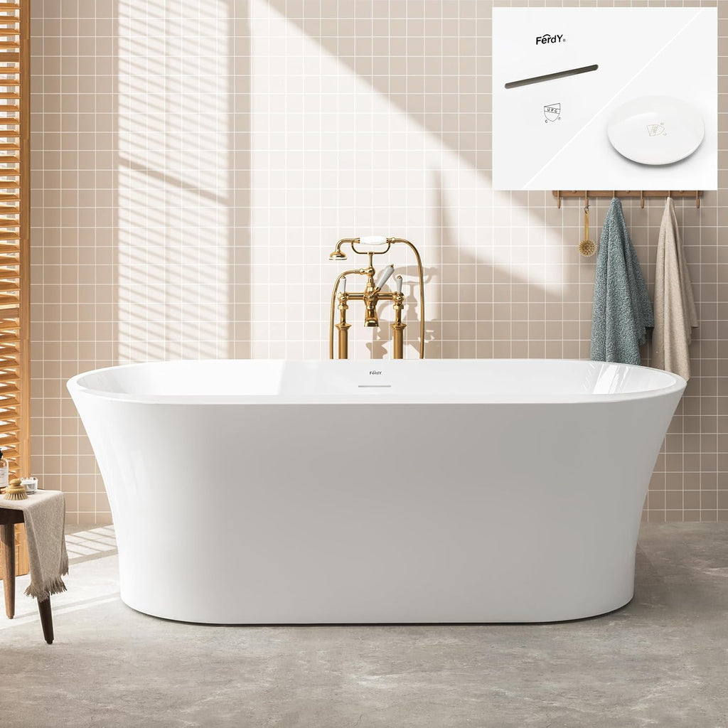 FerdY Mauritius 67' Acrylic Freestanding Tub, Oval Contemporary Soaker Bath, Extra Deep Bathtub,Gloss White Drainage& Bath Pillow for Bathtub,Thick Tub Pillows, Ergonomic Support