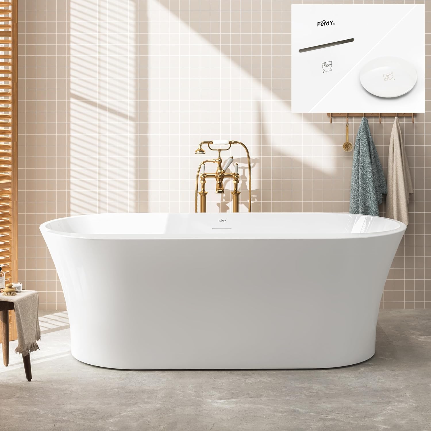 FerdY Mauritius 67' Acrylic Freestanding Tub, Oval Contemporary Soaker Bath, Extra Deep Bathtub,Gloss White Drainage& Bath Pillow for Bathtub,Thick Tub Pillows, Ergonomic Support