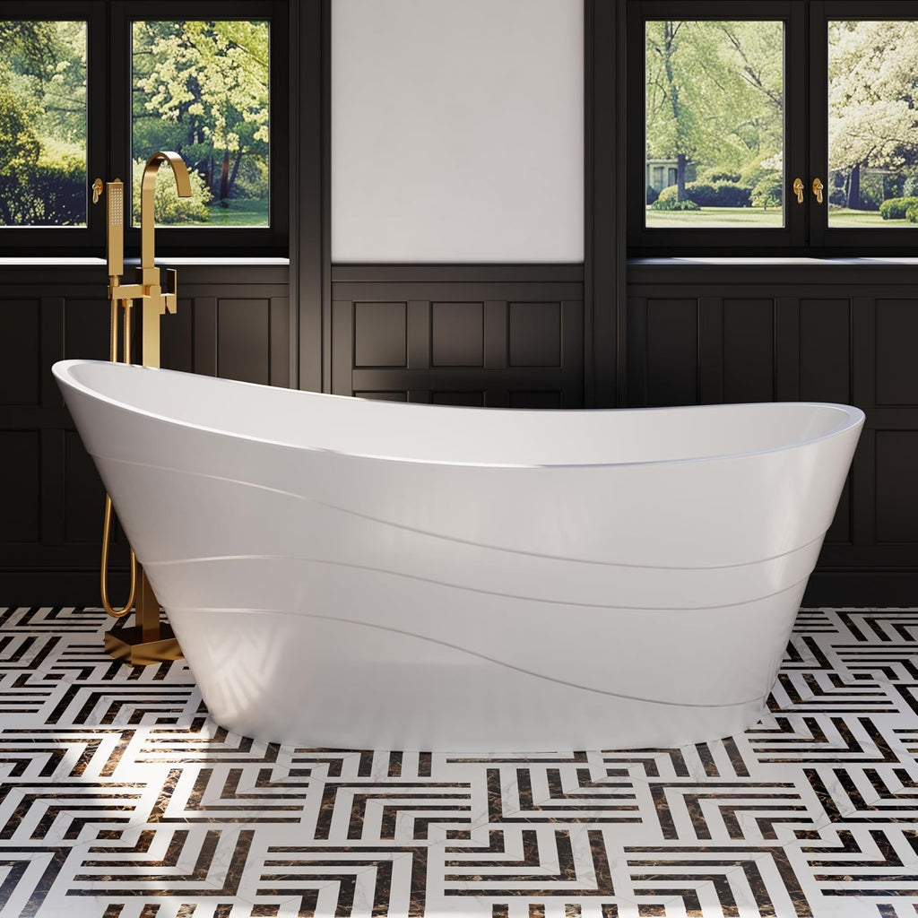 WELLFOR 67' Freestanding Acrylic Bathtub with Drain and Integrated Slotted Overflow, Soaking Bath Tub with Predrilled Overflow Holes, Soaking Bath Tub 58 Gallons Capacity, Glossy White