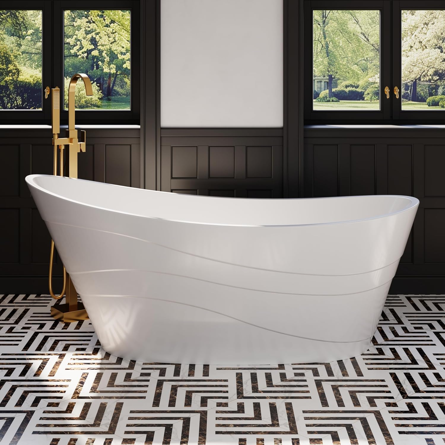 WELLFOR 67' Freestanding Acrylic Bathtub with Drain and Integrated Slotted Overflow, Soaking Bath Tub with Predrilled Overflow Holes, Soaking Bath Tub 58 Gallons Capacity, Glossy White