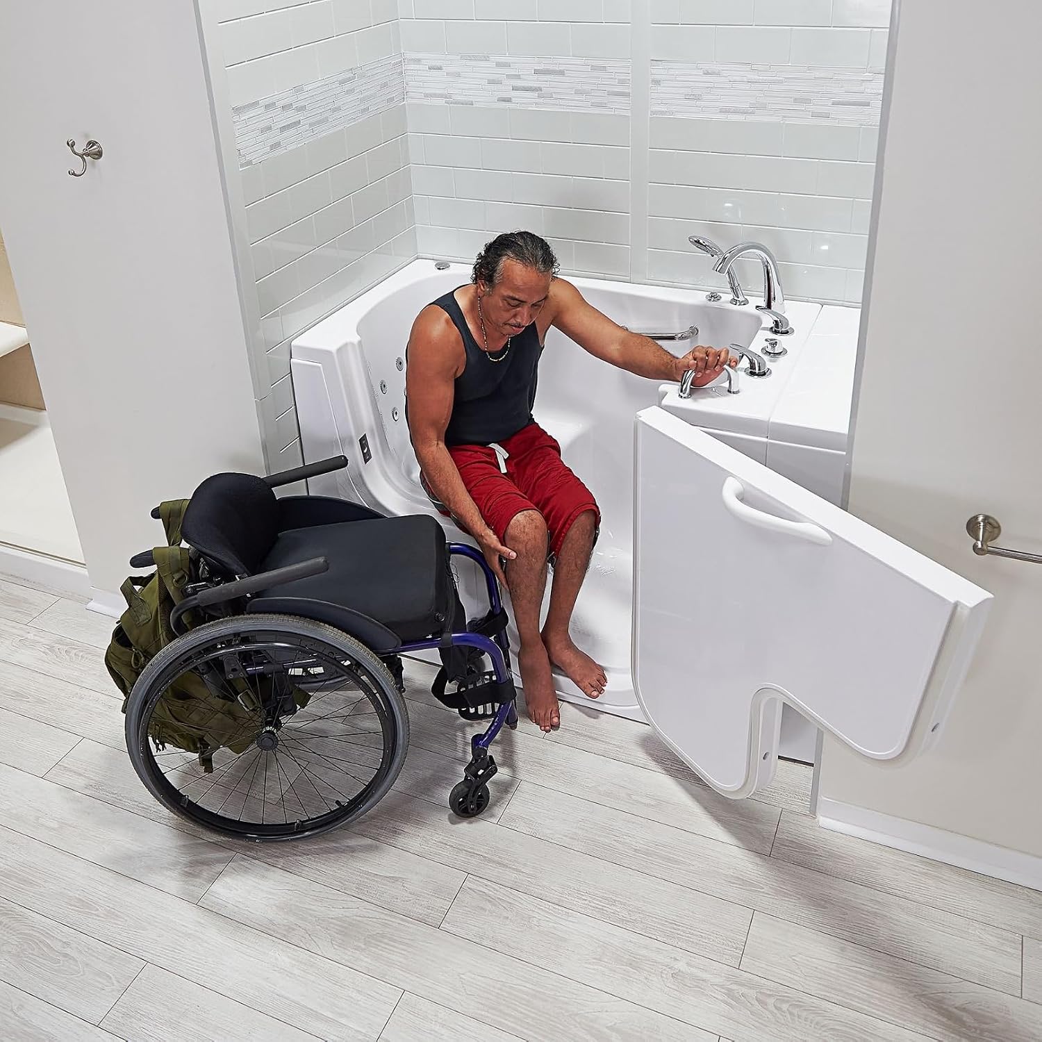 Ella Wheelchair Transfer 30'x52' Acrylic Hydro Massage Walk-In Bathtub with Right Outward Swing Door, 5 Piece Fast Fill Faucet, 2' Dual Drain