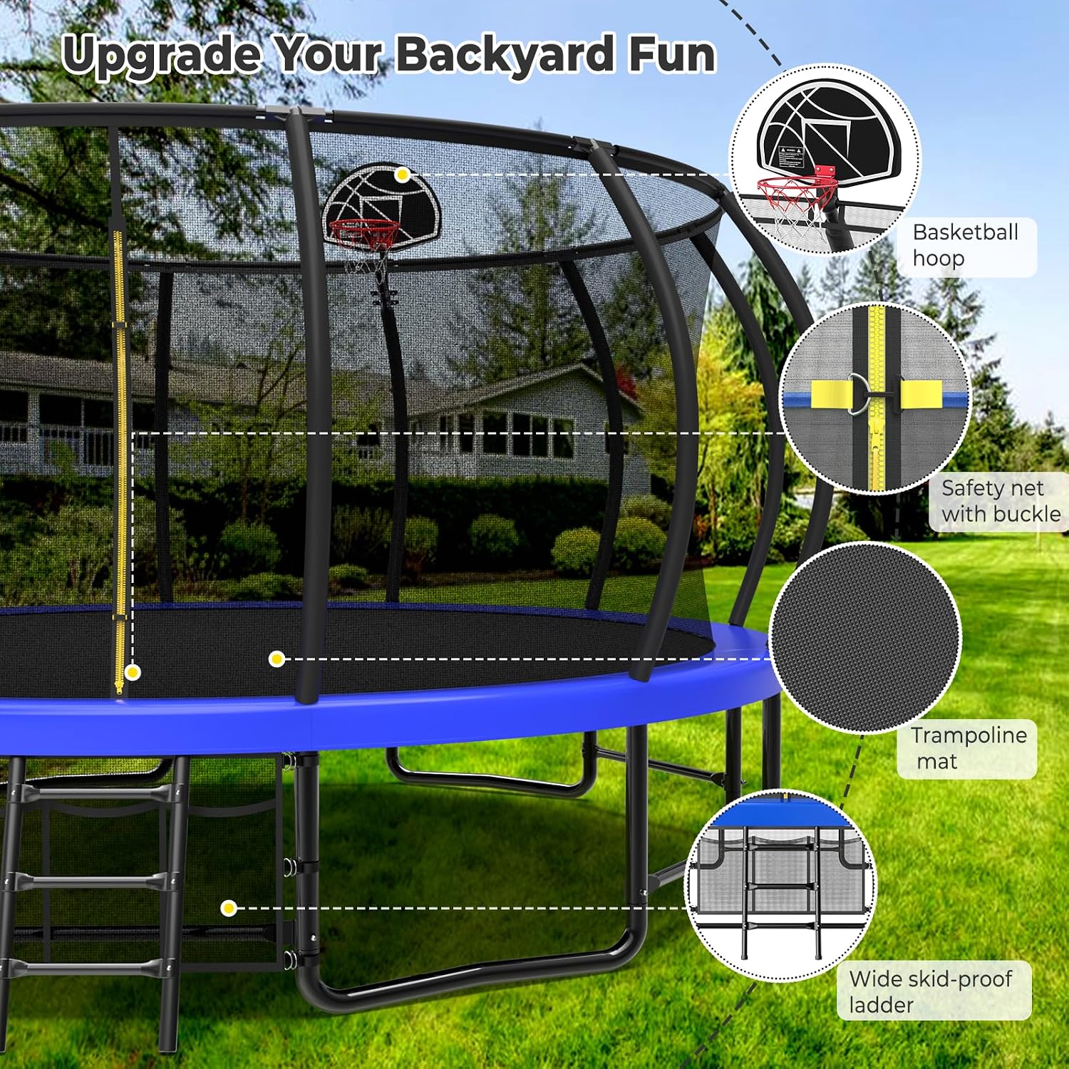 Lyromix 12 14 15 16FT Outdoor Trampolines for Kids and Adults, Pumpkin Trampolin with Curved Poles, Recreational Trampolin with Basketball Hoop and Safety Enclosure Net for Kids and Adults