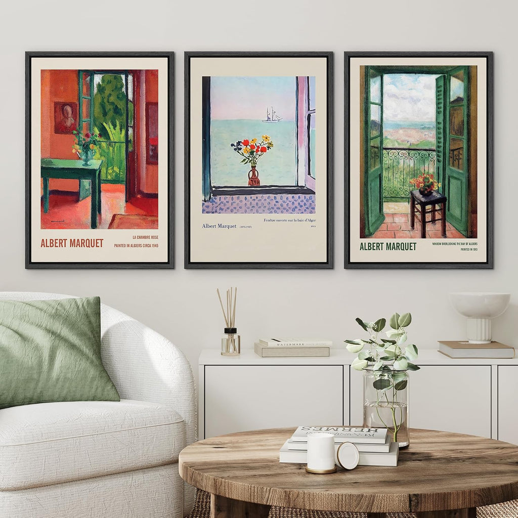 wall26 Framed Canvas Print Wall Art Set Albert Marquet Inspired Window Views Illustrations Modern Art Decorative Floral Botanical Minimal for Bedroom - 24'x36'x3 Black