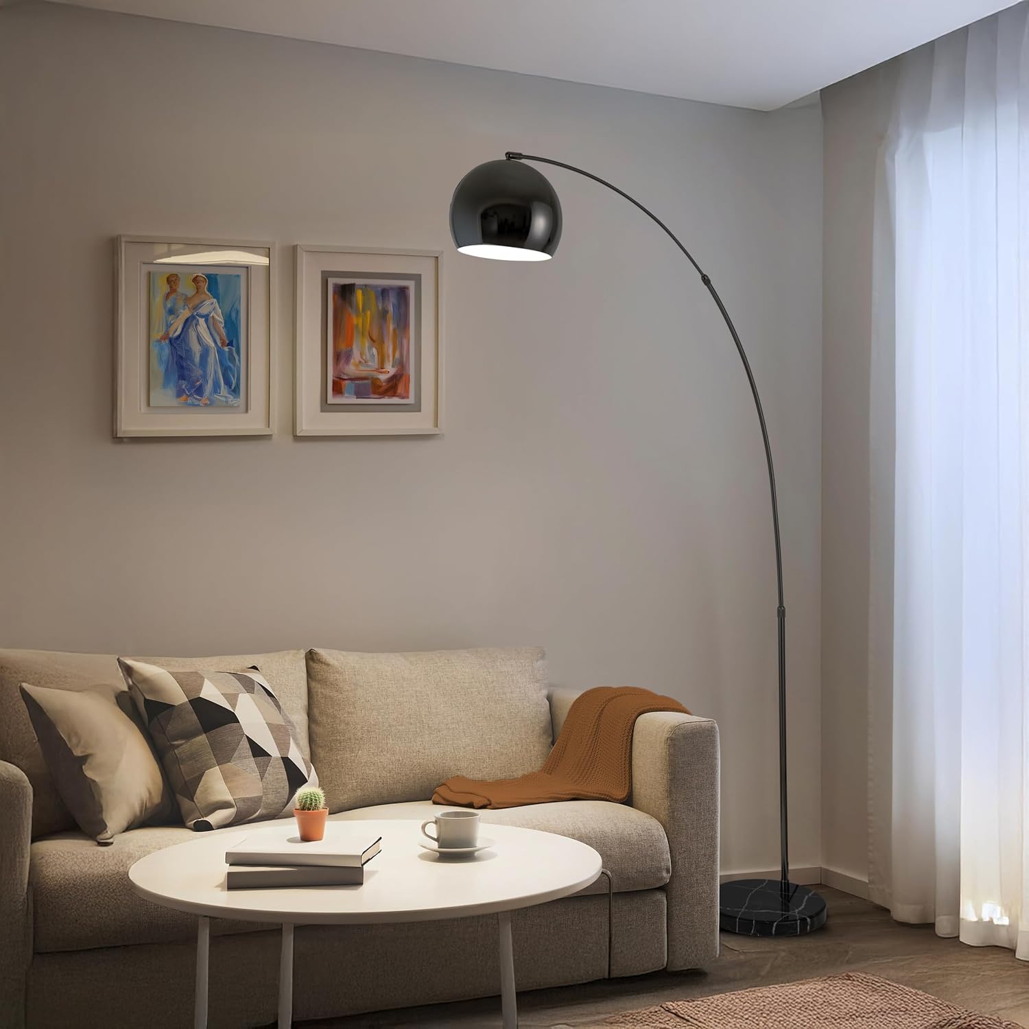 Major-Q Large 79' H Modern Standing Adjustable Floor Lamp with Metal Dome Shade & Marble Base for Living Room - Corner Light Arc Lamps for Bedrooms Black Chrome