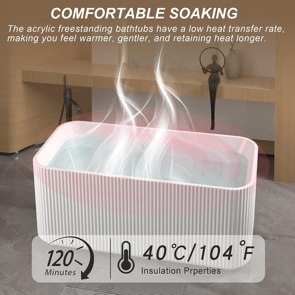 59' Freestanding Bathtub, Rectangle Linear Acrylic Soaking Tub with Chrome Pop-Up Drain, Glossy White Stand Alone Soaker Tub, Double Wall Insulated, Modern Luxury Bathroom Tub