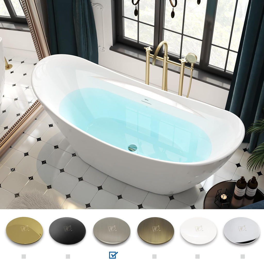 FerdY 67' Freestanding Bathtub, Glossy White Acrylic Soaking Tub, Includes Minimalist Linear Design Overflow and Toe-Tap Brushed Nickel Drain