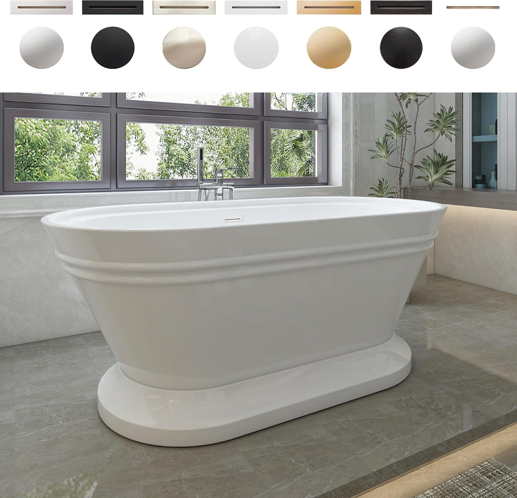 HomeBeyond 59 Inch Free Standing Bathtub | Acrylic Freestanding Soaking Tub, Classic Bathroom Stand Alone Tub Suitable Single Person Bathing, Pure White