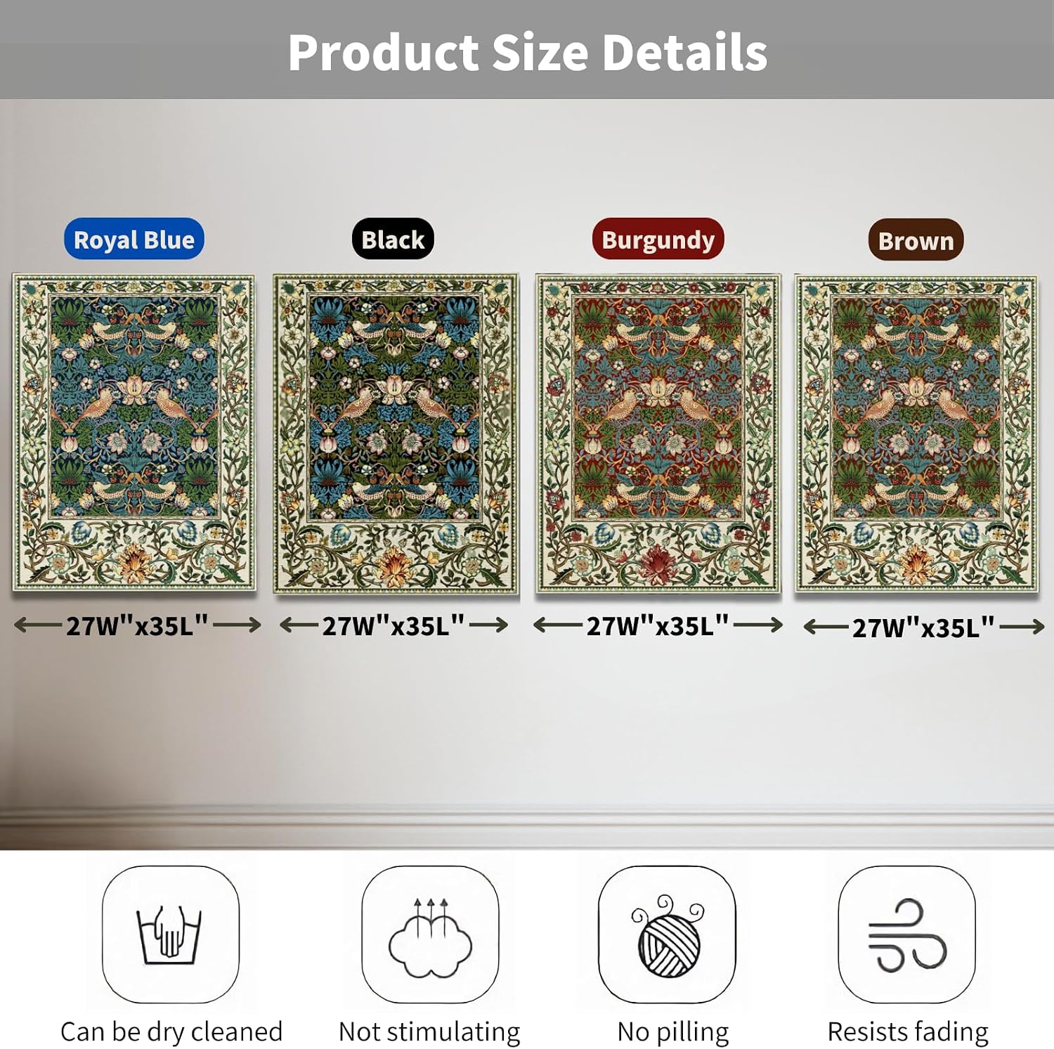 ORIMONY William Morris Strawberry Thief Tapestry - Vintage Floral Bird Art, Medieval Jacquard Woven Tapestry Wall Hanging for Living Room & Bedroom Size 27'x35' (Royal Blue)