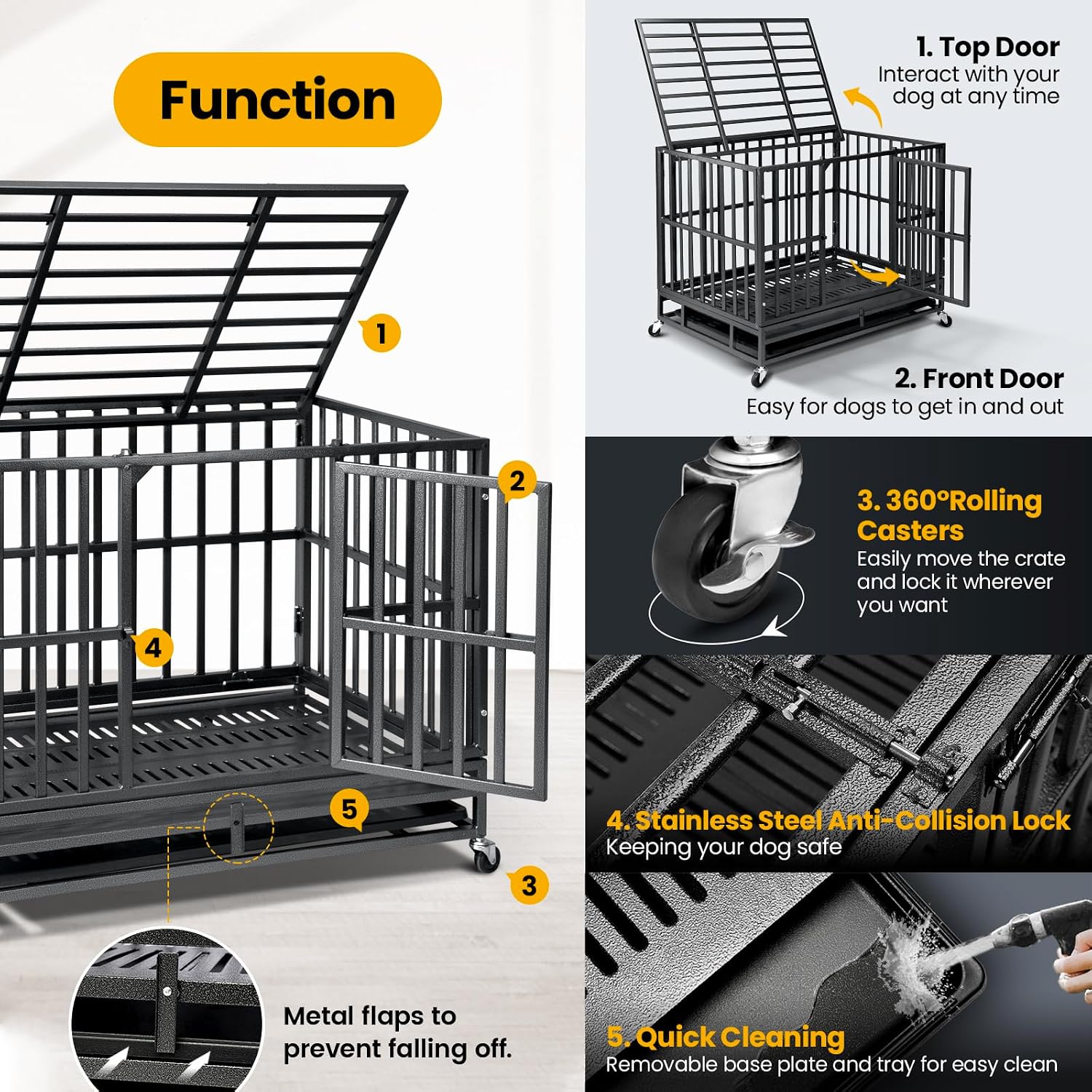 Oranland 38 inch Heavy Duty Indestructible Dog Crate,2025 New Upgraded Reinforced Baseplate for Large Dogs,XL Dog Kennel Indoor for High Anxiety Dogs/Max Load Capacity 200lbs/Double Door with Wheels