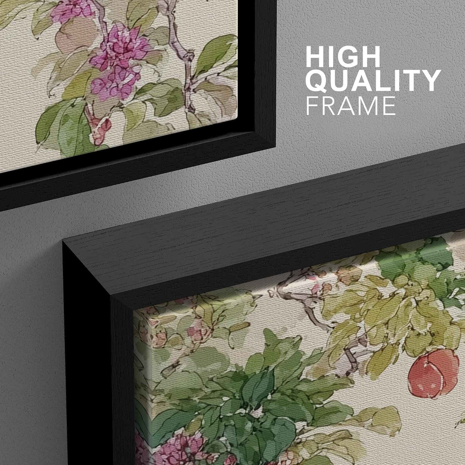 wall26 Framed Print Wall Art Set Watercolor Fruit Tree Branch with Birds Botanical Decorative Minimal Relax/Zen for Living Room, Bedroom, Office - 16'x24'x3 BLACK