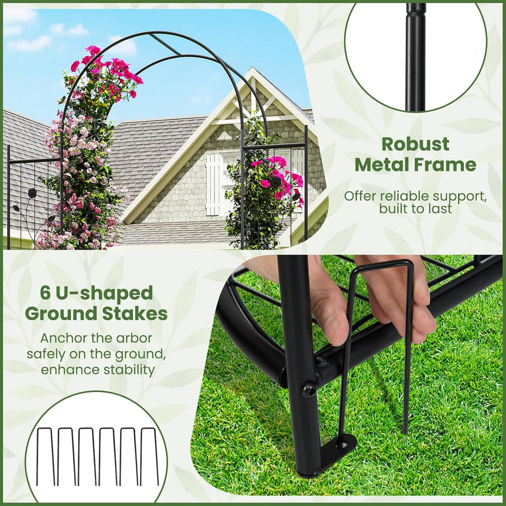 HAPPYGRILL 87' Garden Arbor with Gate, Garden Arch with Planter Shelves, Climbing Trellises, Metal Arbor Archway for Outdoor Climbing Plant Vine, Wedding Arch for Ceremony Backyard Patio Party Decor