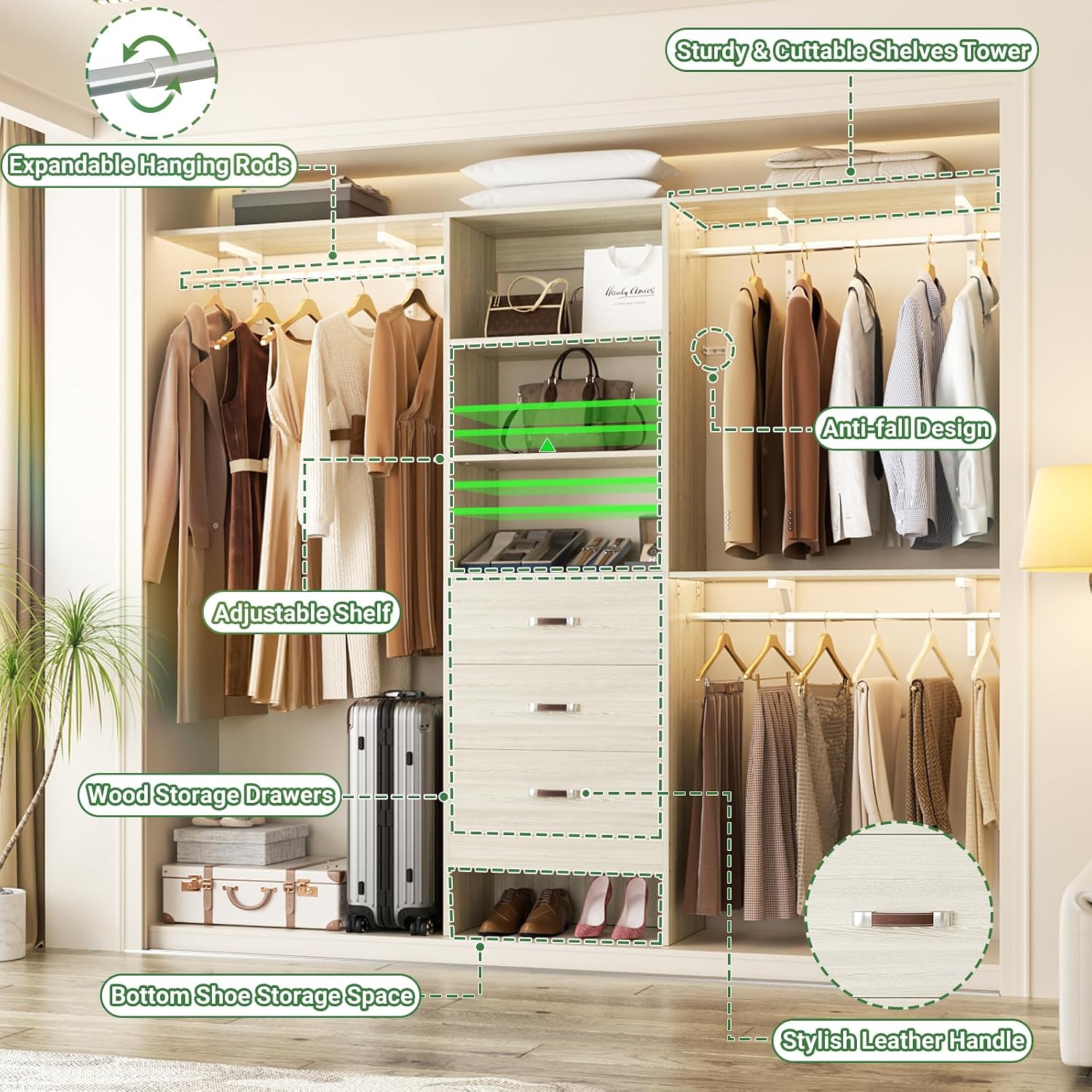 Closet System with 3 Drawers - 8FT Wood Closet Organizer with 3 Shelving Tower & Hanging Rods, 96' Walk-in Wardrobe Closet Organizer System for 4-8FT Spaces, Heavy Duty Garment Clothes Rack, White Oak