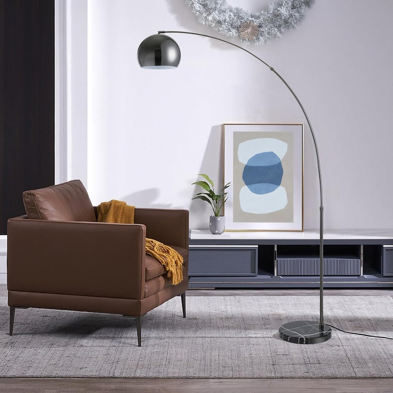 Major-Q Large 79' H Modern Standing Adjustable Floor Lamp with Metal Dome Shade & Marble Base for Living Room - Corner Light Arc Lamps for Bedrooms Black Chrome