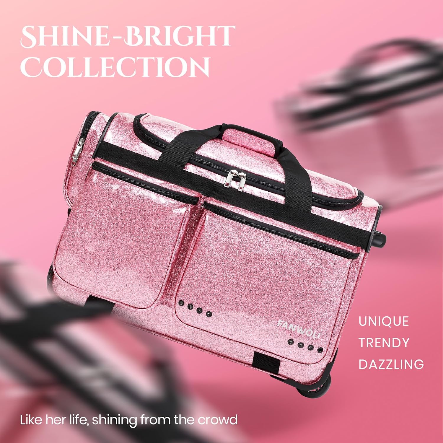 Fanwoli 23' Dance Bag with Garment Rack | Glittering Waterproof Fabric & Upgraded Stable System | Shine-Bright Collection | Ideal Competition Duffle Bag for Dancer Athlete Cheerleader Little Princess