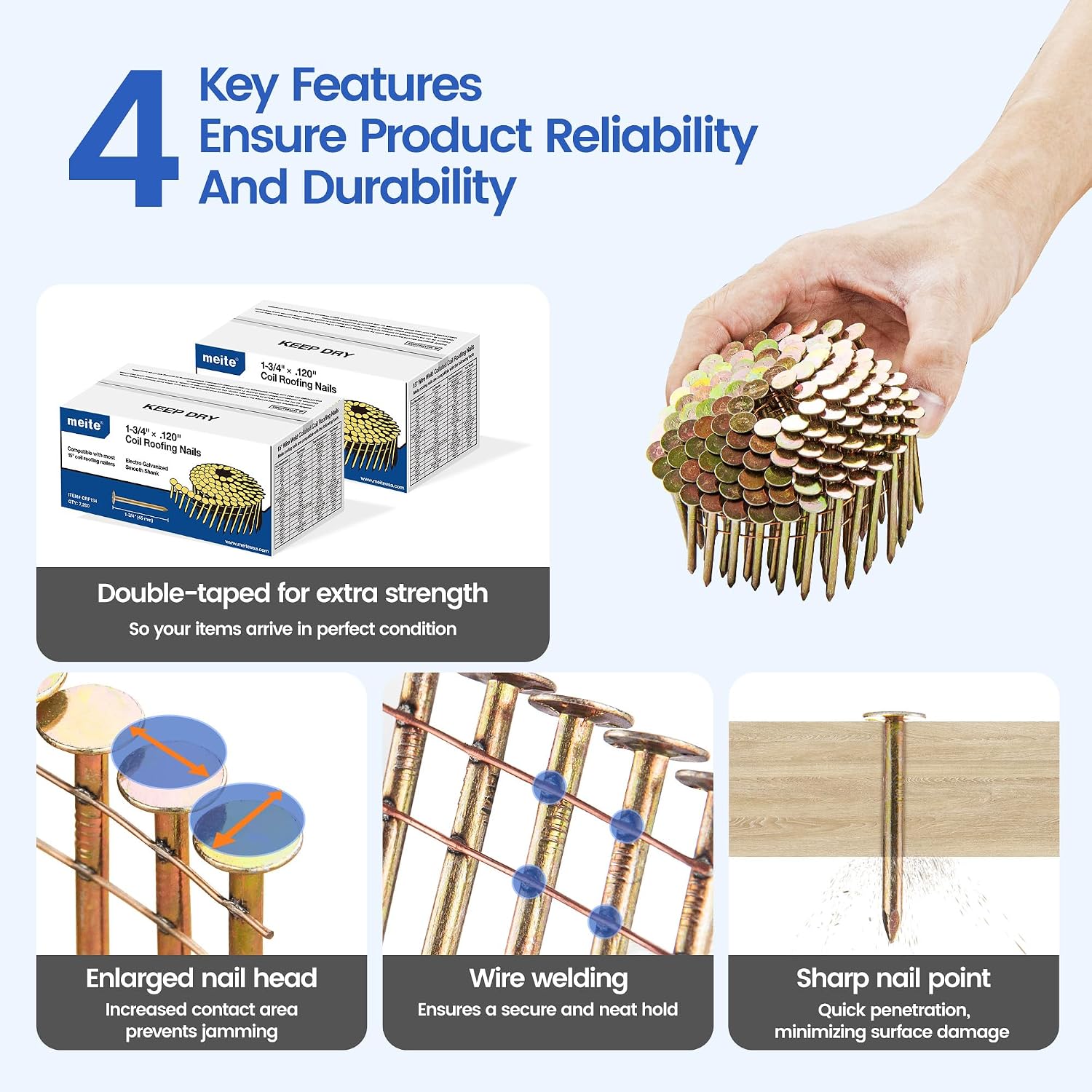 meite Roofing Nail Gun CN45R with 1-3/4-Inch Coil Roofing Nails, Electro Galvanized 15 Degree Big Head Wire-Collated Smooth Shank for Asphalt Roofing Shingles Lathing