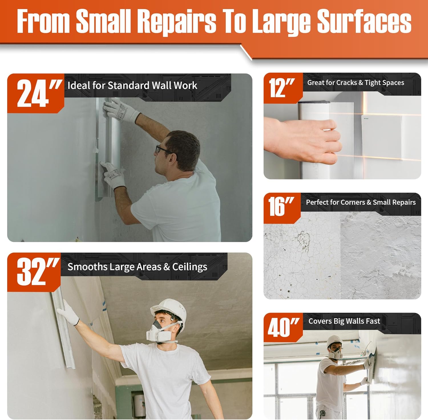 Professional Drywall Skimming Blade Kit (12', 16', 24', 32' & 40'), Stainless Steel Wall Finishing Tools with Extension Pole, Roller & Putty Knife, Lightweight Set with Carrying Case
