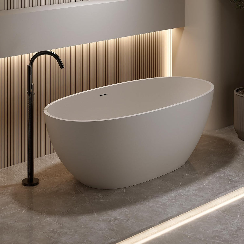 59'' Freestanding Bathtub Resin Stone Soaking Bathtub Solid Tubs with Overflow and Pop up Drain