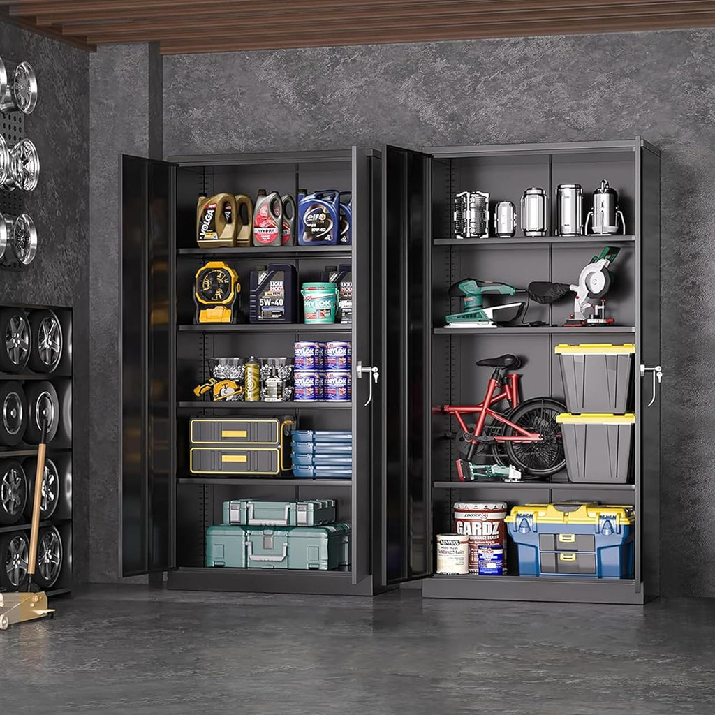 Greenvelly Metal Storage Cabinets 72' Black Garage Steel Storage Cabinet with Doors and Shelves, Metal Tool Cabinet, Steel File Cabinet for Home Office, Basement, Warehouse, Classroom（Anti Tipping）